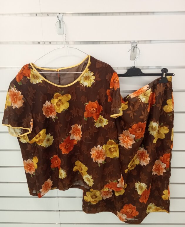 Ens blouse/ jupe fleurs orange/jaune